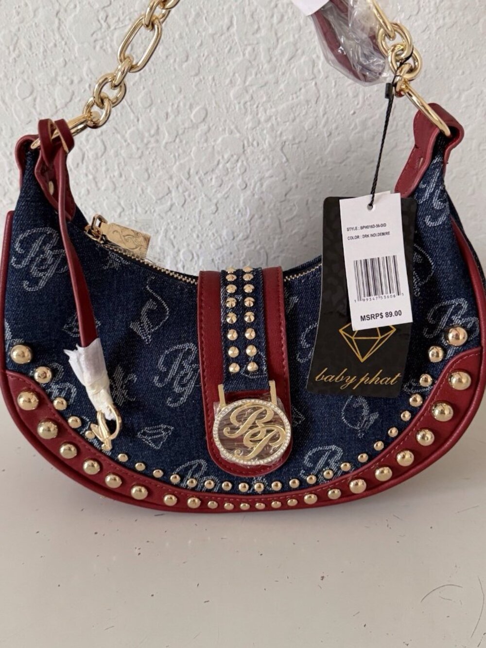 Baby Phat Y2K Dark Denim Red Studded Cat Logo Shoulder Hobo Bag Purse VIRAL NEW
